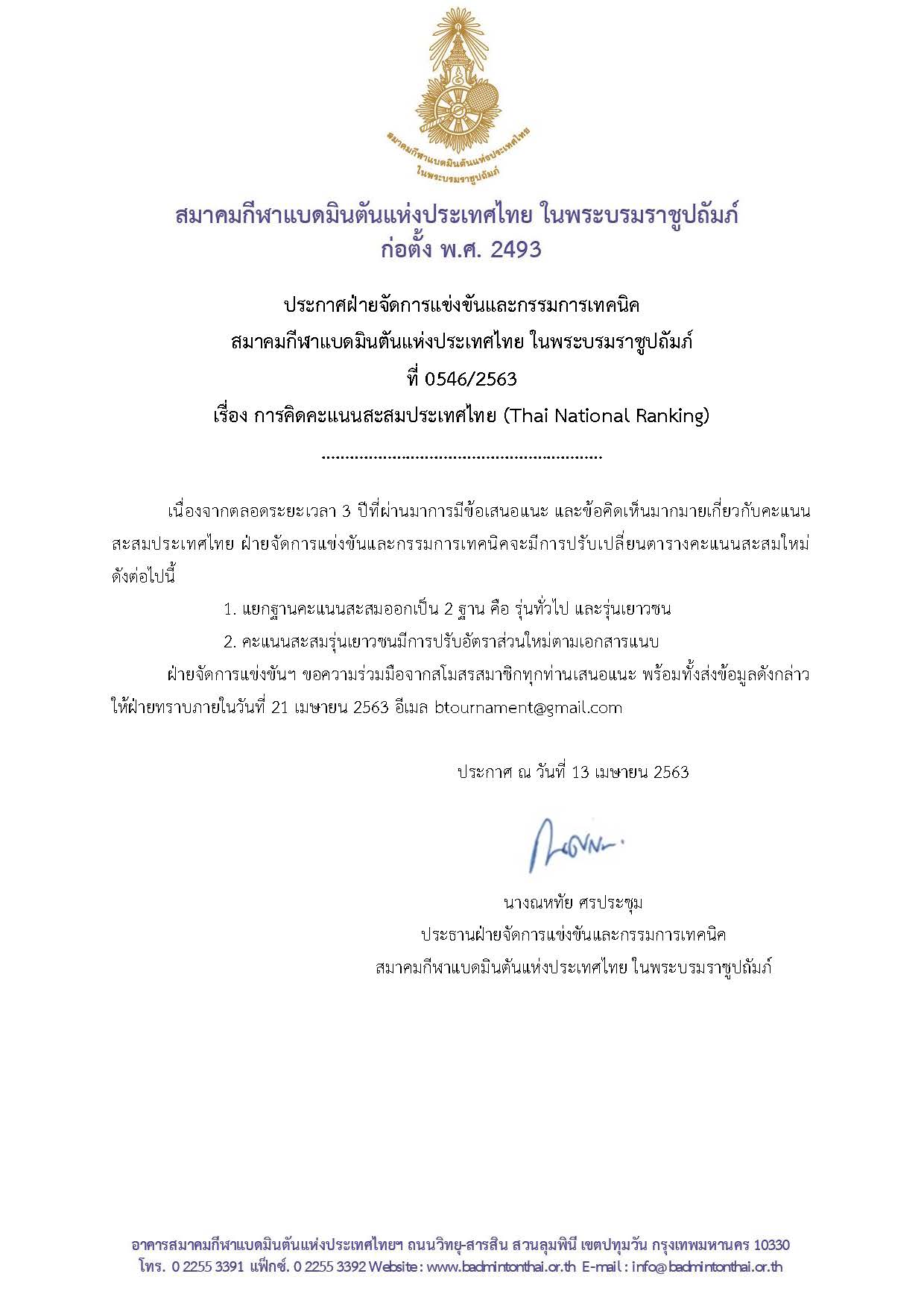 ประกาศการคิดคะแนนสะสมประเทศไทย (Thai National Ranking)
