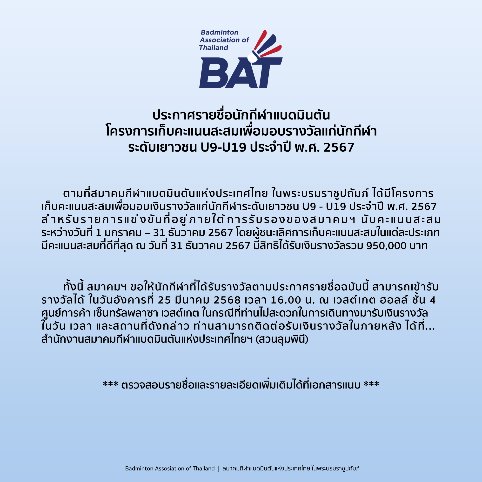 ประกาศรายชื่อนักกีฬาแบดมินตัน โครงการเก็บคะแนนสะสมเพื่อมอบรางวัลแก่นักกีฬา ระดับเยาวชน U9-U19 ประจำปี พ.ศ. 2567