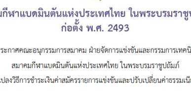 ประกาศเปลี่ยนแปลงวิธีการชำระเงินค่าสมัครรายการแข่งขันและปรับเปลี่ยนค่าธรรมเนียมการแข่งขัน